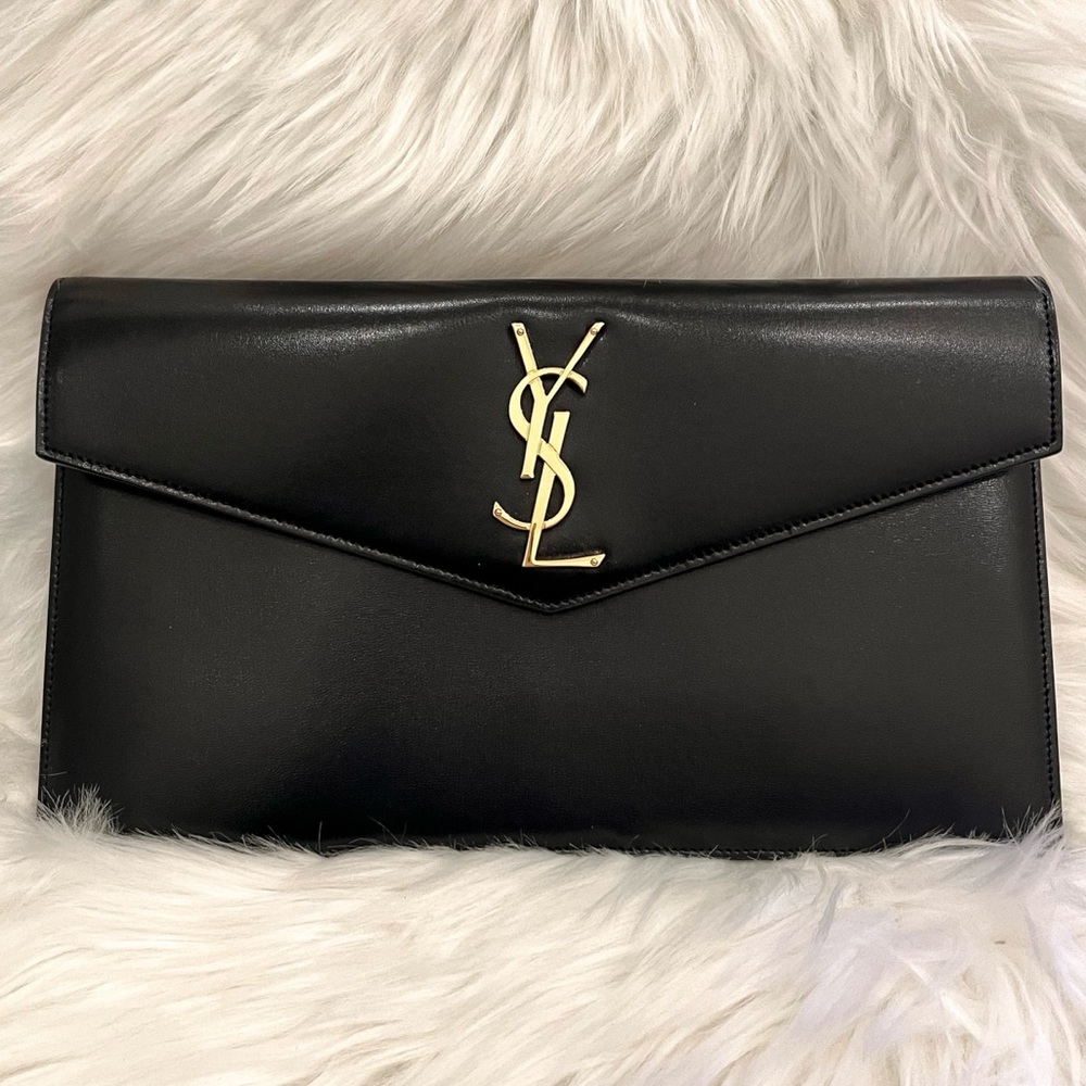 YSL Saint Laurent Uptown Monogram Smooth Medium Leather Nero Clutch | Authentic